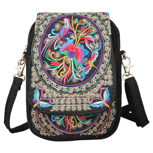 [Embroidered Crossbody] Lightweight Crossbody Bag | Women's Embroidered Mini Shoulder Bag with Detachable Strap - Floral Geometric Embroidery Design, Zipper Closure, Compact, Polyester Lined Interior (Navy/Purple/Red/Black)