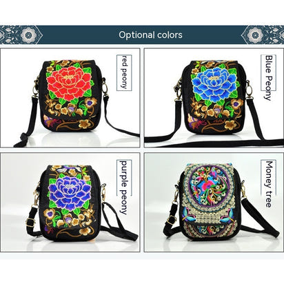 [Embroidered Crossbody] Lightweight Crossbody Bag | Women's Embroidered Mini Shoulder Bag with Detachable Strap - Floral Geometric Embroidery Design, Zipper Closure, Compact, Polyester Lined Interior (Navy/Purple/Red/Black)