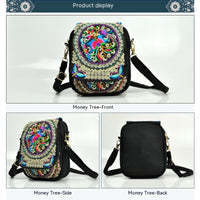 [Embroidered Crossbody] Lightweight Crossbody Bag | Women's Embroidered Mini Shoulder Bag with Detachable Strap - Floral Geometric Embroidery Design, Zipper Closure, Compact, Polyester Lined Interior (Navy/Purple/Red/Black)