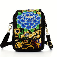[Embroidered Crossbody] Lightweight Crossbody Bag | Women's Embroidered Mini Shoulder Bag with Detachable Strap - Floral Geometric Embroidery Design, Zipper Closure, Compact, Polyester Lined Interior (Navy/Purple/Red/Black)