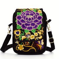 [Embroidered Crossbody] Lightweight Crossbody Bag | Women's Embroidered Mini Shoulder Bag with Detachable Strap - Floral Geometric Embroidery Design, Zipper Closure, Compact, Polyester Lined Interior (Navy/Purple/Red/Black)