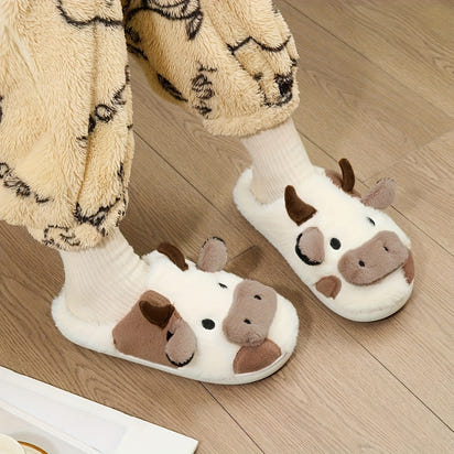 Cozy Home Cute Cartoon Cow Plush Half-Wrap Slippers, Couple's Matching Thickened Warm