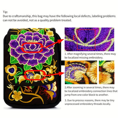 [Embroidered Crossbody] Lightweight Crossbody Bag | Women's Embroidered Mini Shoulder Bag with Detachable Strap - Floral Geometric Embroidery Design, Zipper Closure, Compact, Polyester Lined Interior (Navy/Purple/Red/Black)