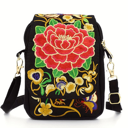 [Embroidered Crossbody] Lightweight Crossbody Bag | Women's Embroidered Mini Shoulder Bag with Detachable Strap - Floral Geometric Embroidery Design, Zipper Closure, Compact, Polyester Lined Interior (Navy/Purple/Red/Black)