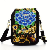 [Embroidered Crossbody] Lightweight Crossbody Bag | Women's Embroidered Mini Shoulder Bag with Detachable Strap - Floral Geometric Embroidery Design, Zipper Closure, Compact, Polyester Lined Interior (Navy/Purple/Red/Black)