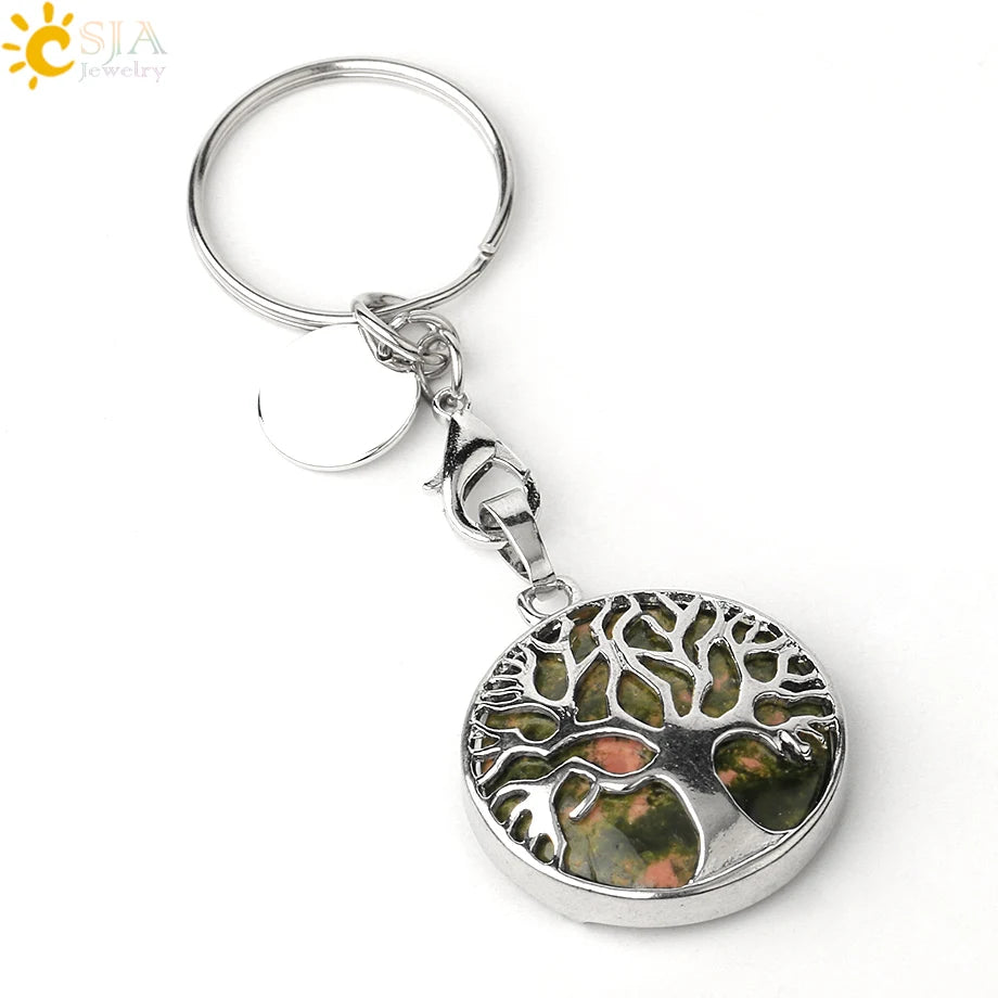 CSJA Luxury Natural Crystal Stone Original Keychain Tree of Life Keychain Lucky Key Ring Car Decor Christmas Women Men G498