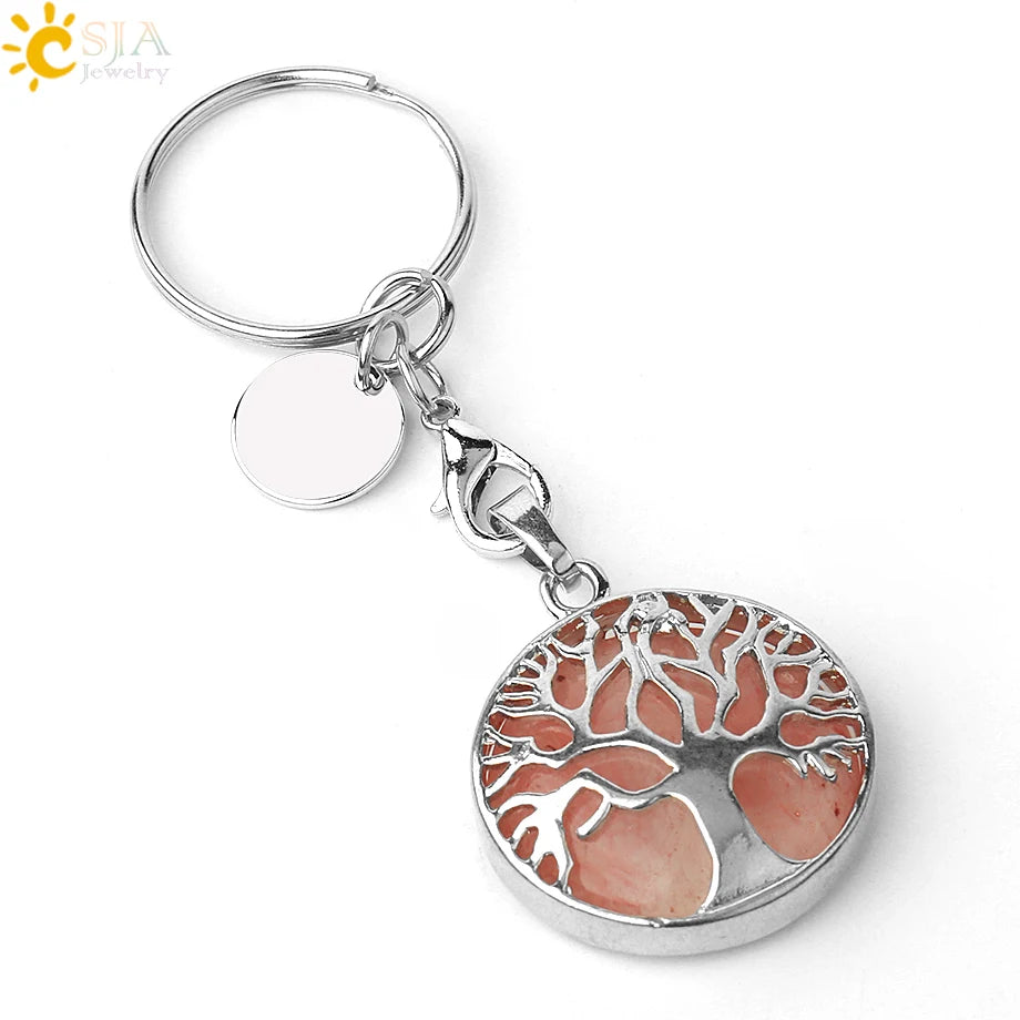 CSJA Luxury Natural Crystal Stone Original Keychain Tree of Life Keychain Lucky Key Ring Car Decor Christmas Women Men G498