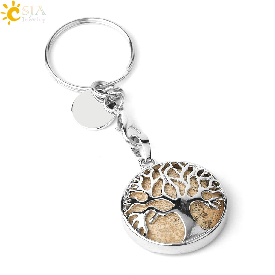 CSJA Luxury Natural Crystal Stone Original Keychain Tree of Life Keychain Lucky Key Ring Car Decor Christmas Women Men G498