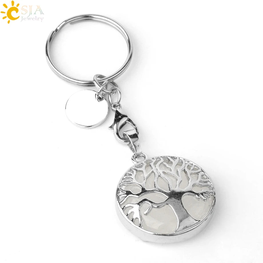 CSJA Luxury Natural Crystal Stone Original Keychain Tree of Life Keychain Lucky Key Ring Car Decor Christmas Women Men G498