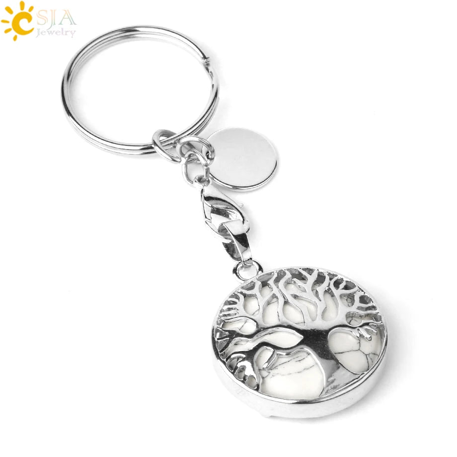 CSJA Luxury Natural Crystal Stone Original Keychain Tree of Life Keychain Lucky Key Ring Car Decor Christmas Women Men G498