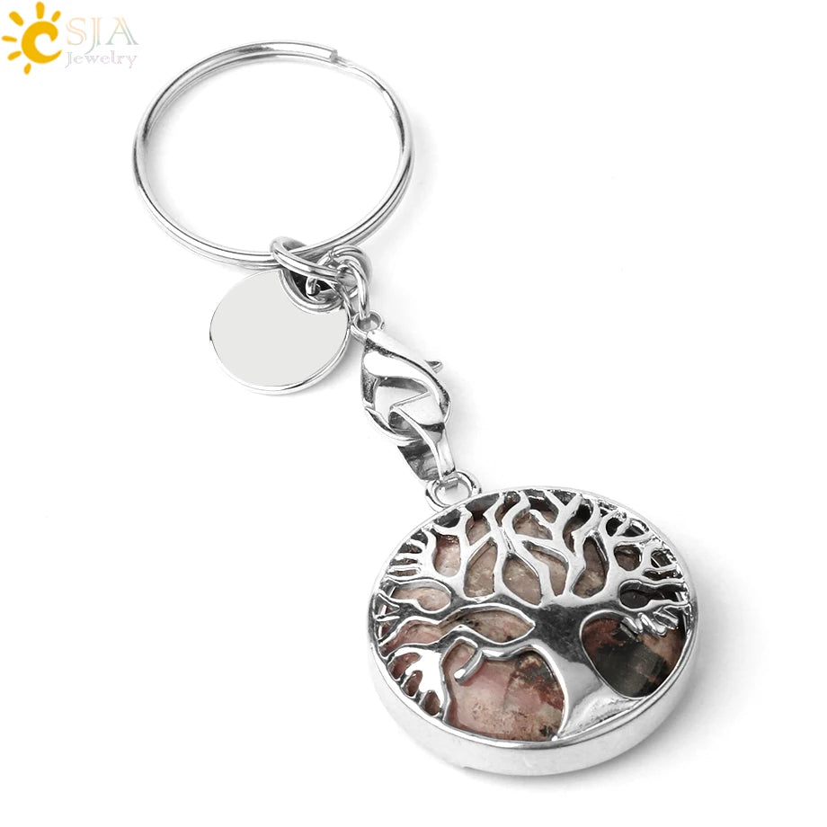 CSJA Luxury Natural Crystal Stone Original Keychain Tree of Life Keychain Lucky Key Ring Car Decor Christmas Women Men G498