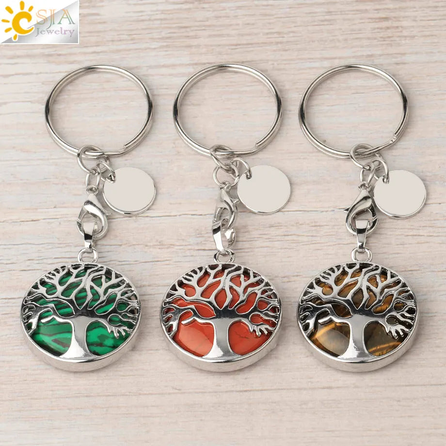 CSJA Luxury Natural Crystal Stone Original Keychain Tree of Life Keychain Lucky Key Ring Car Decor Christmas Women Men G498