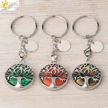 CSJA Luxury Natural Crystal Stone Original Keychain Tree of Life Keychain Lucky Key Ring Car Decor Christmas Women Men G498