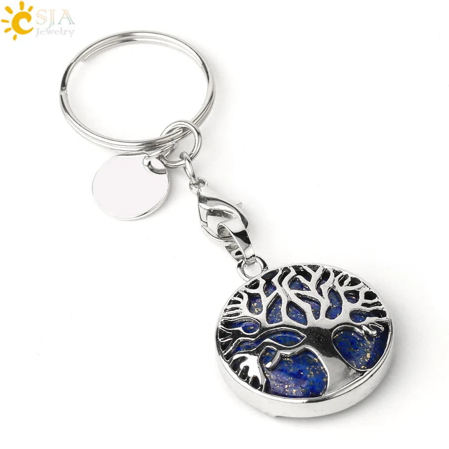 CSJA Luxury Natural Crystal Stone Original Keychain Tree of Life Keychain Lucky Key Ring Car Decor Christmas Women Men G498