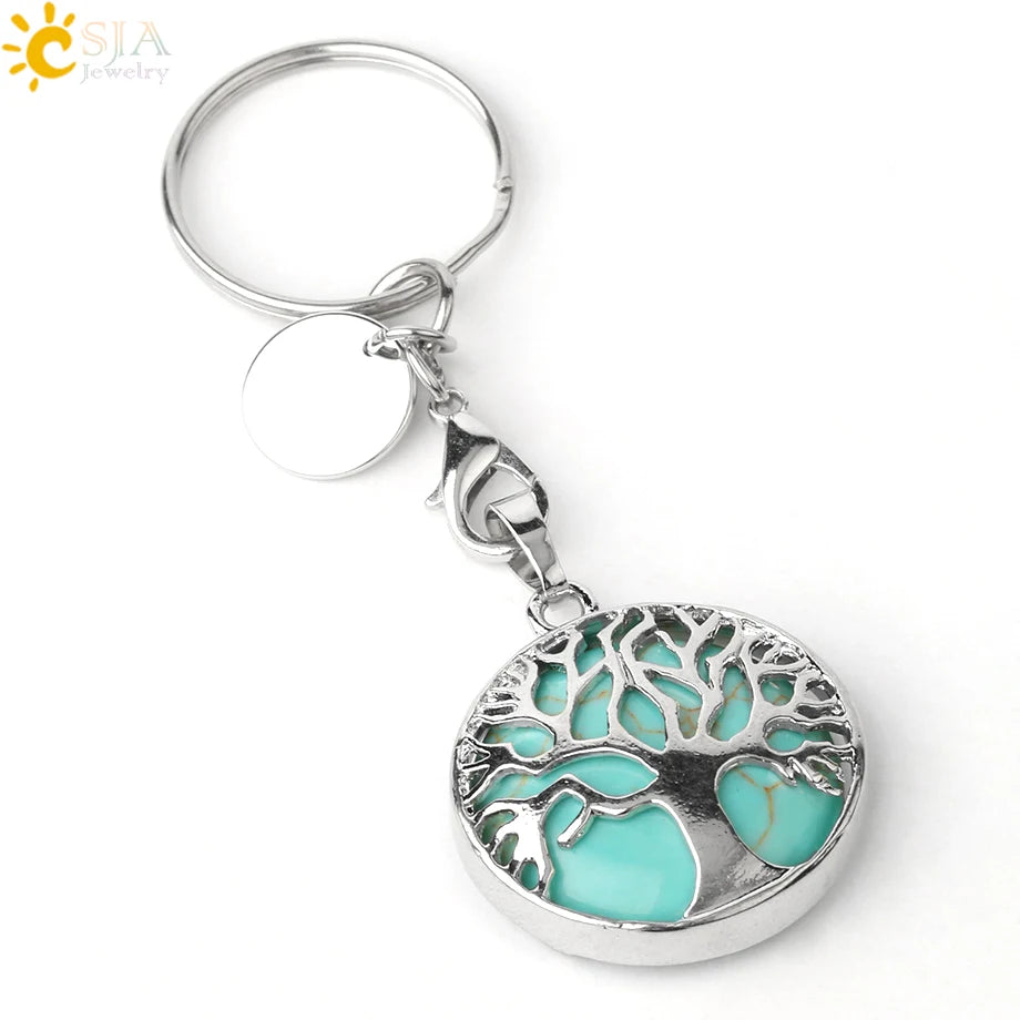 CSJA Luxury Natural Crystal Stone Original Keychain Tree of Life Keychain Lucky Key Ring Car Decor Christmas Women Men G498