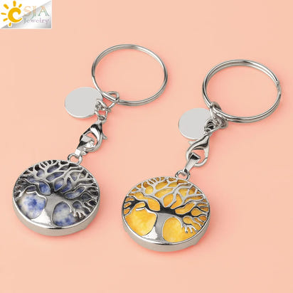 CSJA Luxury Natural Crystal Stone Original Keychain Tree of Life Keychain Lucky Key Ring Car Decor Christmas Women Men G498