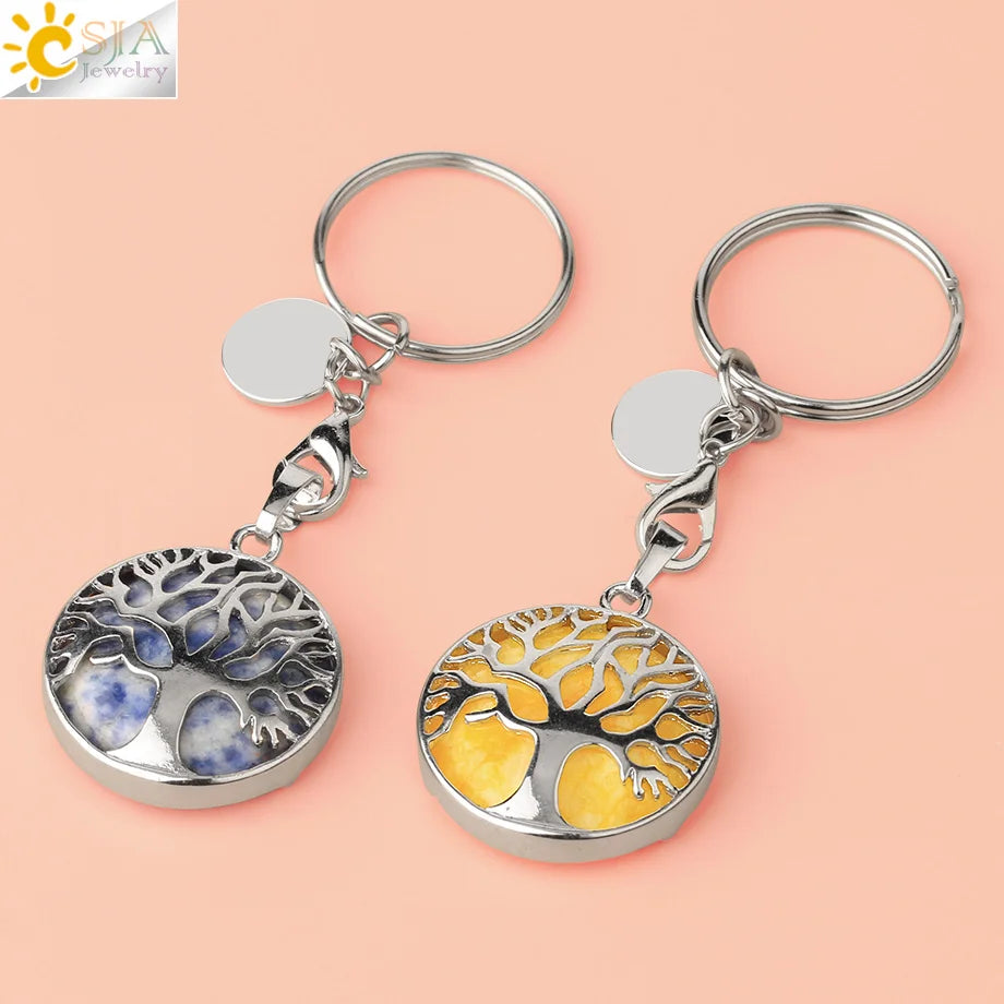 CSJA Luxury Natural Crystal Stone Original Keychain Tree of Life Keychain Lucky Key Ring Car Decor Christmas Women Men G498