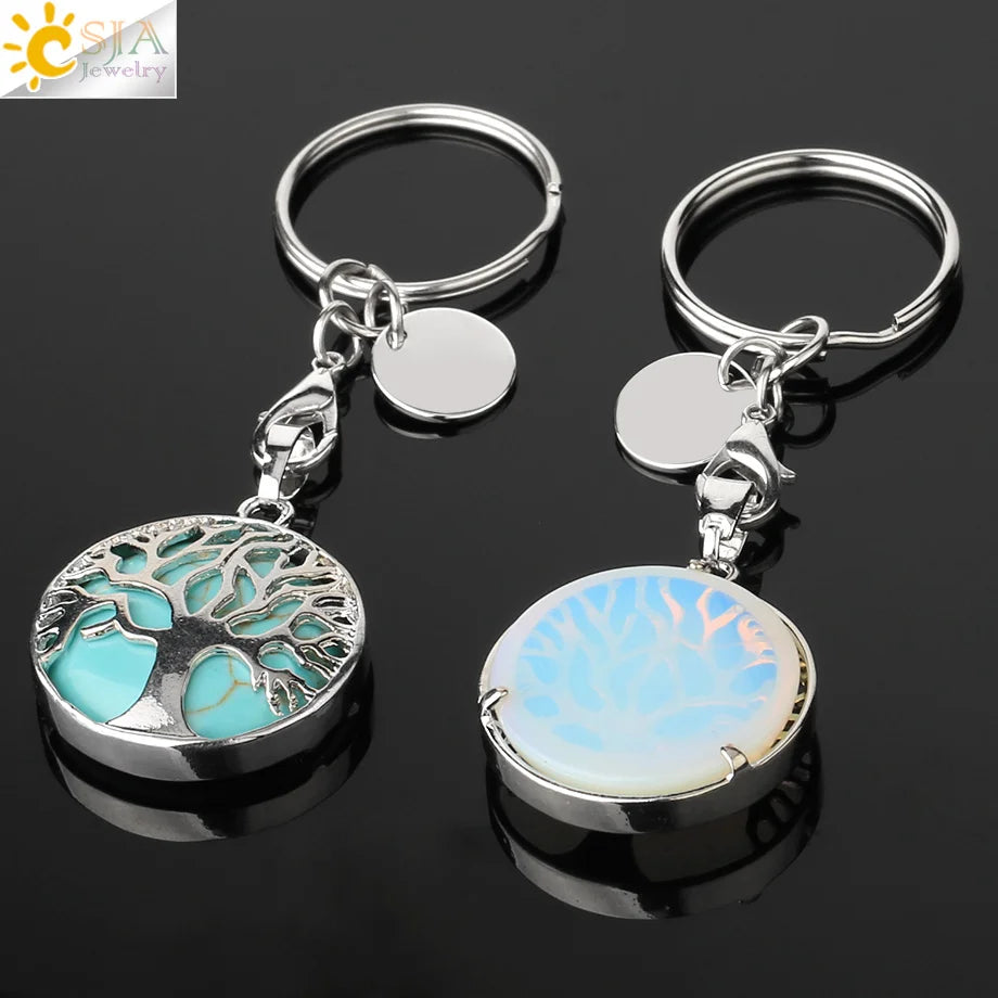 CSJA Luxury Natural Crystal Stone Original Keychain Tree of Life Keychain Lucky Key Ring Car Decor Christmas Women Men G498