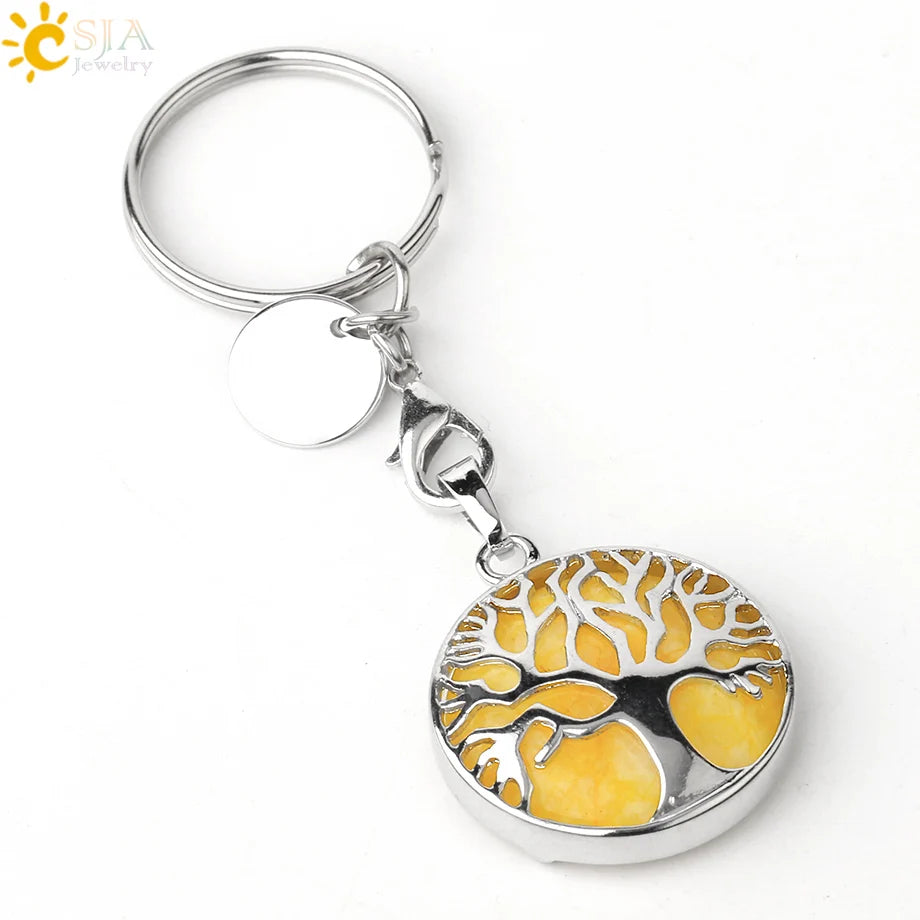 CSJA Luxury Natural Crystal Stone Original Keychain Tree of Life Keychain Lucky Key Ring Car Decor Christmas Women Men G498