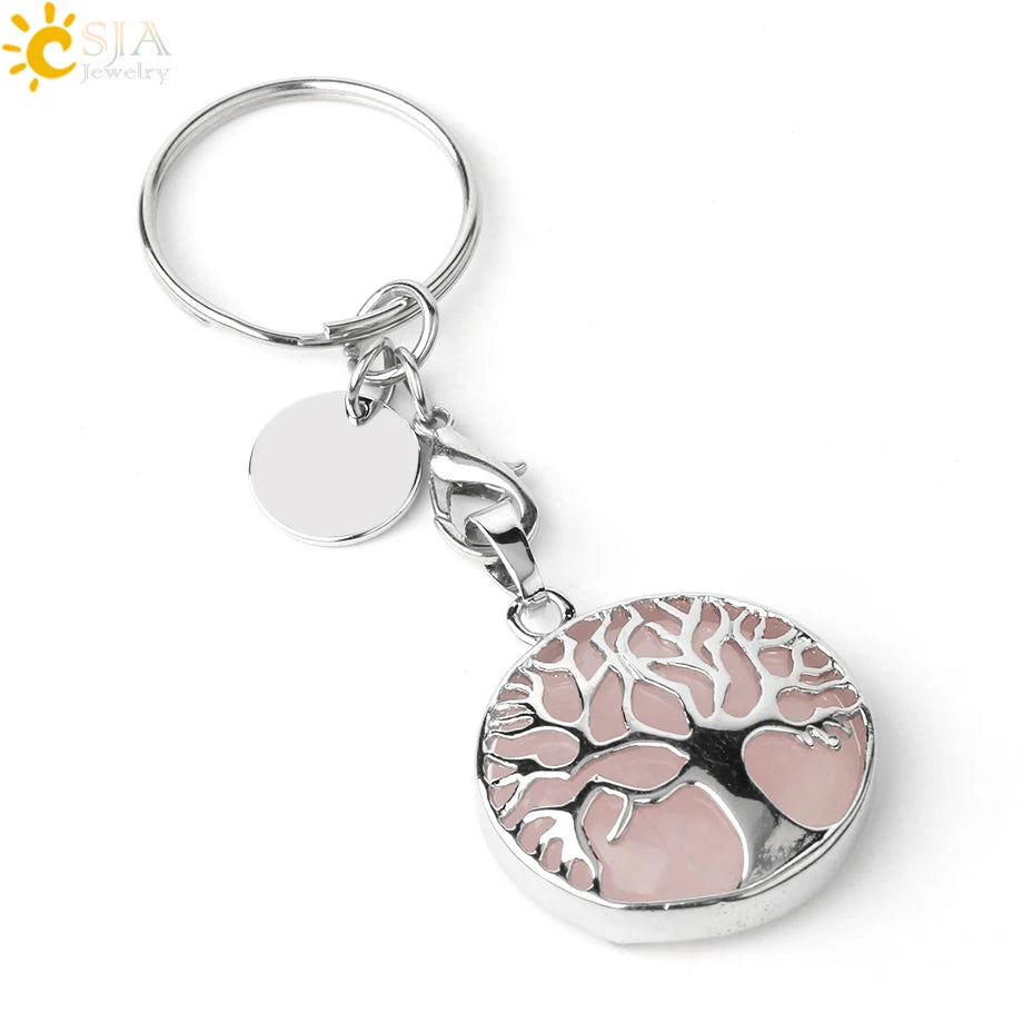 CSJA Luxury Natural Crystal Stone Original Keychain Tree of Life Keychain Lucky Key Ring Car Decor Christmas Women Men G498