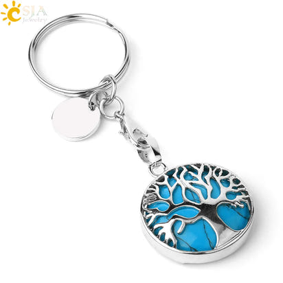 CSJA Luxury Natural Crystal Stone Original Keychain Tree of Life Keychain Lucky Key Ring Car Decor Christmas Women Men G498