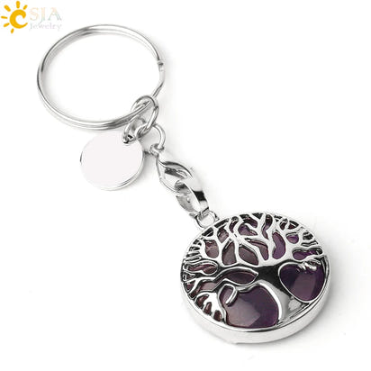 CSJA Luxury Natural Crystal Stone Original Keychain Tree of Life Keychain Lucky Key Ring Car Decor Christmas Women Men G498