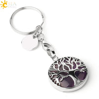 CSJA Luxury Natural Crystal Stone Original Keychain Tree of Life Keychain Lucky Key Ring Car Decor Christmas Women Men G498