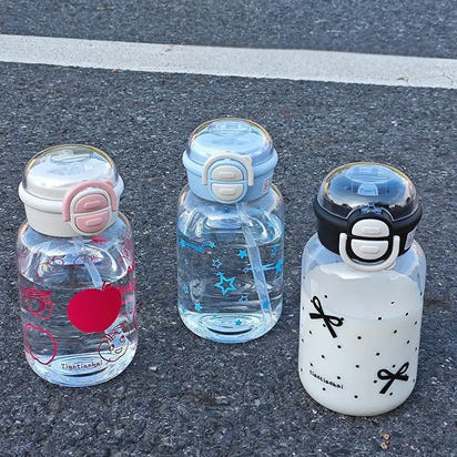 Cute Water Bottle with Straw Portable Plastic Pop-Up Cover Water Cup for Kid Kawaii Bottle Water Leak-Proof Cute Drinking Bottle