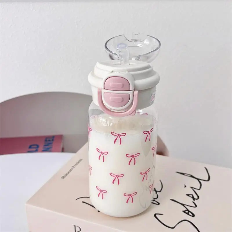 Cute Water Bottle with Straw Portable Plastic Pop-Up Cover Water Cup for Kid Kawaii Bottle Water Leak-Proof Cute Drinking Bottle