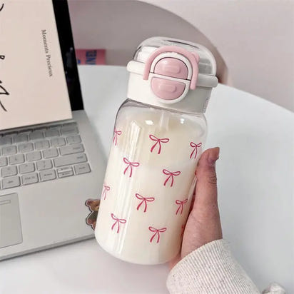 Cute Water Bottle with Straw Portable Plastic Pop-Up Cover Water Cup for Kid Kawaii Bottle Water Leak-Proof Cute Drinking Bottle