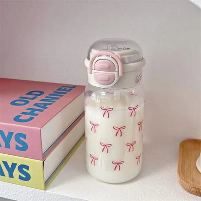 Cute Water Bottle with Straw Portable Plastic Pop-Up Cover Water Cup for Kid Kawaii Bottle Water Leak-Proof Cute Drinking Bottle