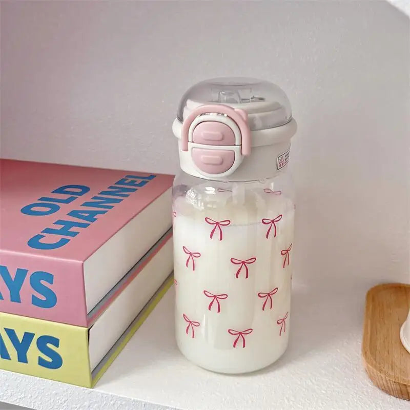 Cute Water Bottle with Straw Portable Plastic Pop-Up Cover Water Cup for Kid Kawaii Bottle Water Leak-Proof Cute Drinking Bottle