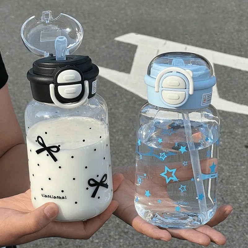Cute Water Bottle with Straw Portable Plastic Pop-Up Cover Water Cup for Kid Kawaii Bottle Water Leak-Proof Cute Drinking Bottle