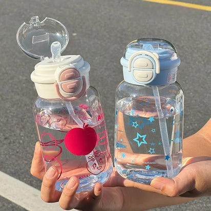 Cute Water Bottle with Straw Portable Plastic Pop-Up Cover Water Cup for Kid Kawaii Bottle Water Leak-Proof Cute Drinking Bottle