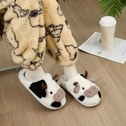 Cozy Home Cute Cartoon Cow Plush Half-Wrap Slippers, Couple's Matching Thickened Warm